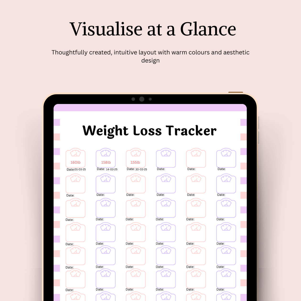 Weight loss tracker app on a tablet with a pink background